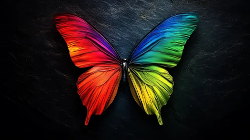 Radiant rainbow butterfly spreads luminous wings on black slate.
