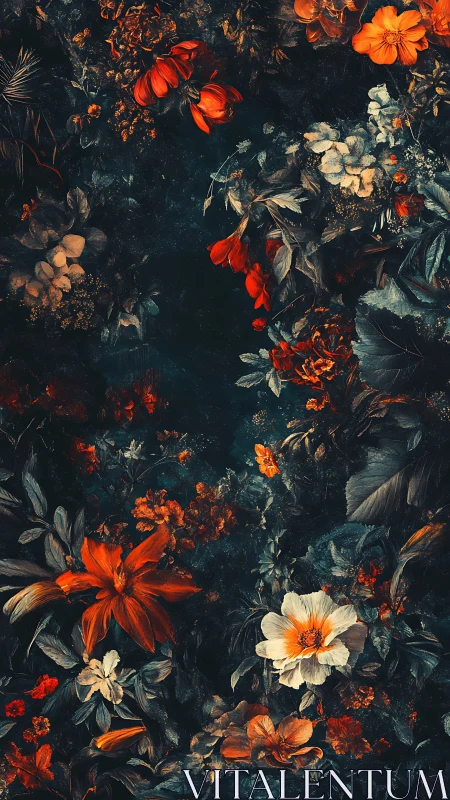 Dark Floral Composition with Luminous Orange and Cream Blooms