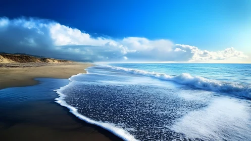 Calm ocean waves roll onto a sunlit, tranquil shoreline