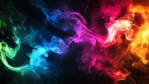 Vibrant neon smoke streams twist across deep black void