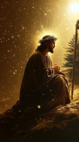 Kneeling robed figure with halo in golden illuminated scene.