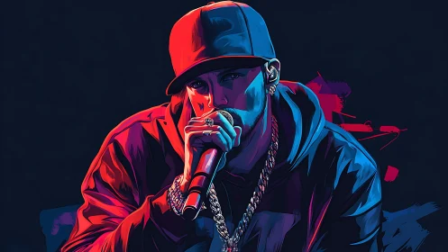 Hooded rapper grips microphone under neon stage lighting