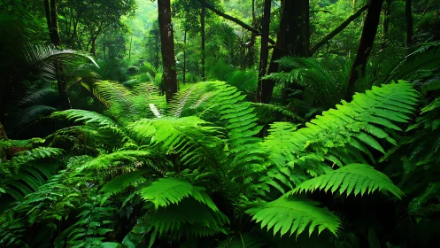 Dense fern understory beneath tall forest canopy
