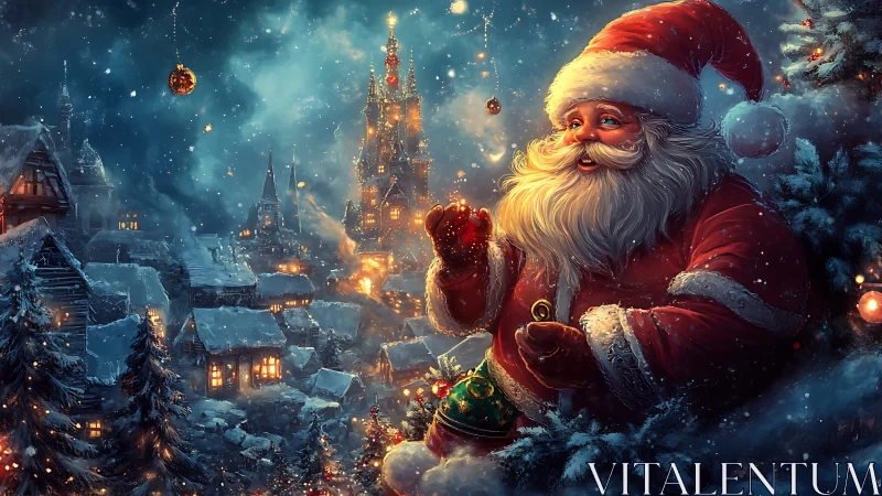 Santa in luminous winter village with glowing ornaments.