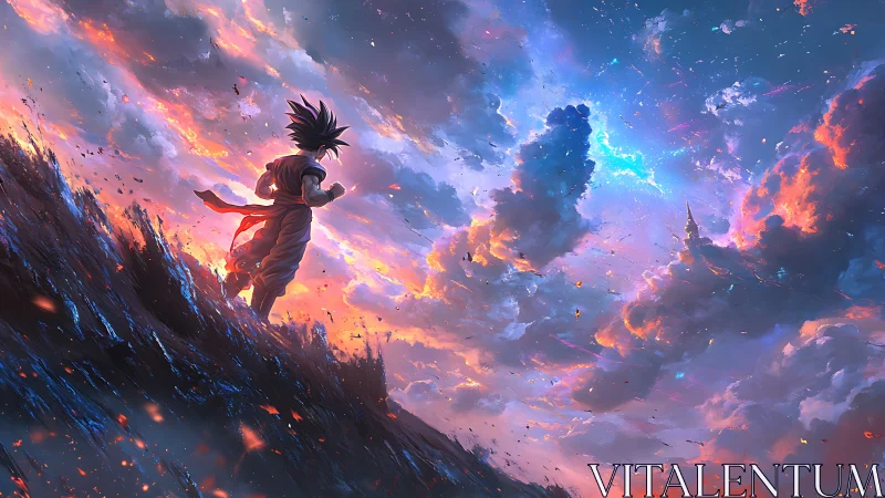 Solitary anime figure on ridge under luminous storm sky.