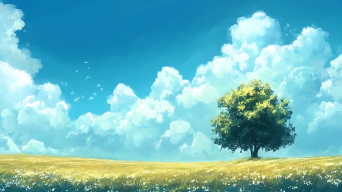 Solitary tree beneath towering summer clouds in bloom.