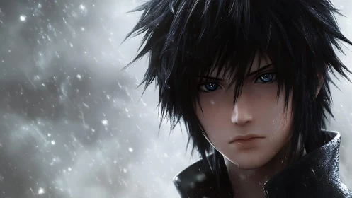 Serious anime boy with dark hair in falling snowstorm.