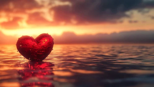 Glowing Red Heart Rests on Tranquil Beach at Golden Sunset