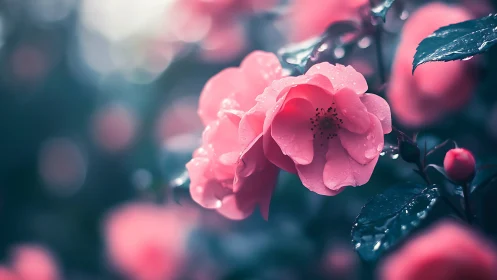 Pink roses with water droplets in soft focused garden setting