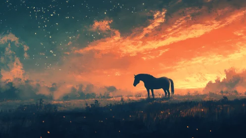 Solitary horse stands under vivid twilight sky