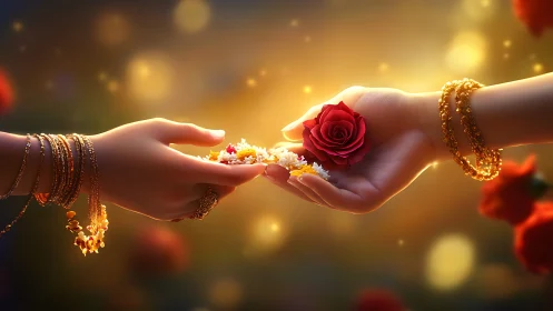 Two Hands Exchanging Red Rose With Ornamental Details.