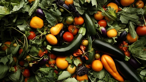 Garden bounty carnival of squash, citrus, eggplant and greens.