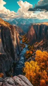 Golden canyon river winds gently beneath glowing autumn cliffs