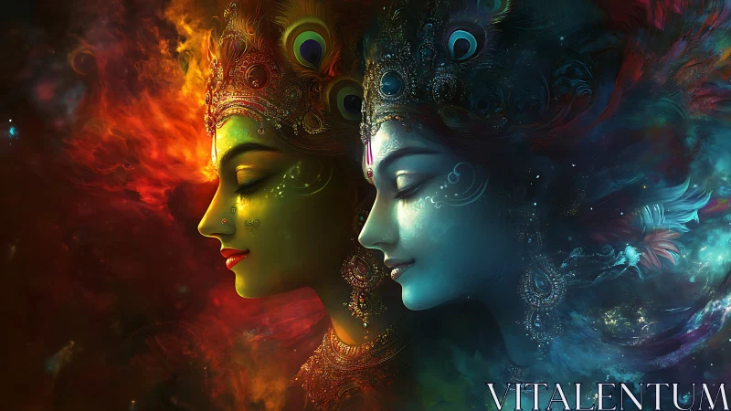 Twin cosmic goddesses exhale fire and oceans of quiet light