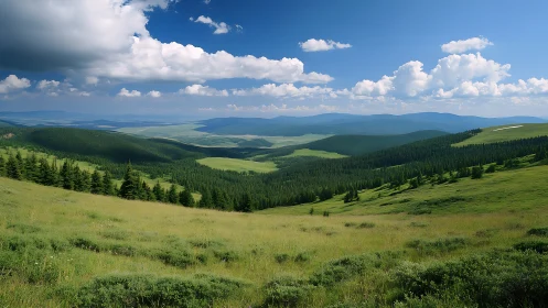Rolling green hills under a bright, welcoming summer sky.