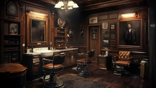 Interior view shows vintage barbershop with wooden wall panels