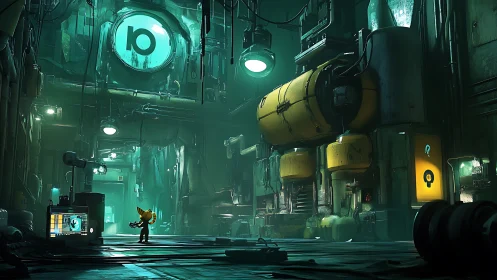 Feline mechanic explores neon-lit industrial reactor hall.