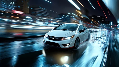 Honda hatchback speeds through neon-lit wet city highway.