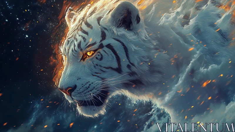 Luminous white tiger emerging from nebular storm with embers