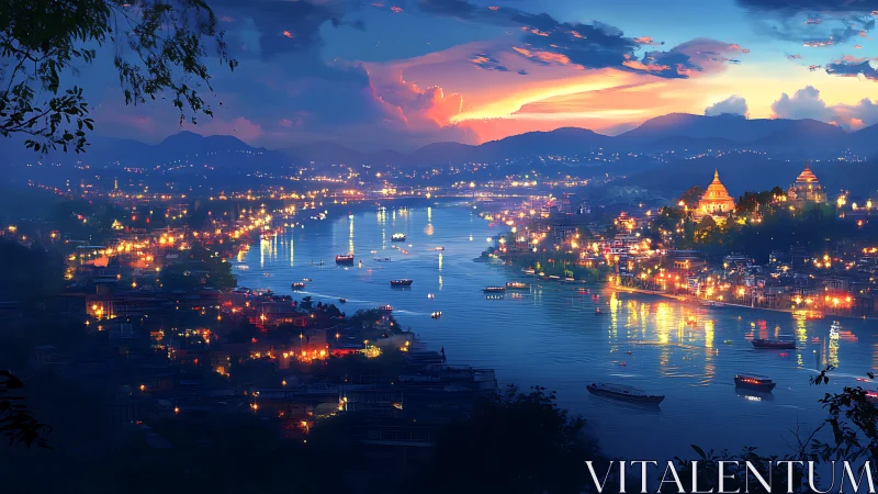 River city glows under sunset sky and distant mountains.