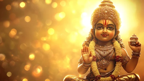 Golden child deity statue with garland and temple light.