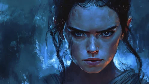 Focused blue-toned digital portrait of intense woman.