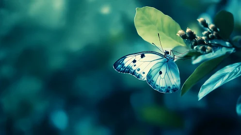Moonlit glasswing butterfly resting in teal forest hush.