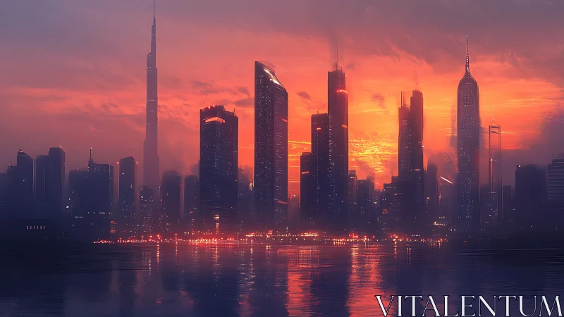 Dense high-rise waterfront skyline is shown at sunset