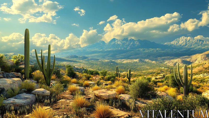 Sunlit desert valley unfolds beneath distant blue mountains.
