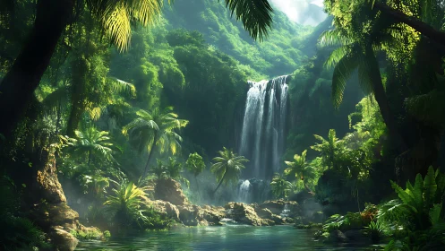 Lush tropical jungle waterfall with pool and dense greenery.