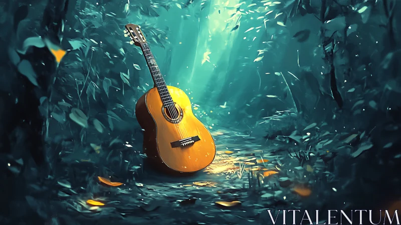 Sunlit acoustic guitar rests quietly in an enchanted forest.