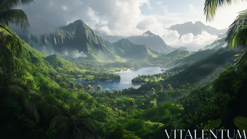 Sunlit tropical valley opens toward misty mountain lagoon