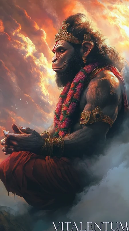 Divine simian sage meditates above radiant storm clouds.