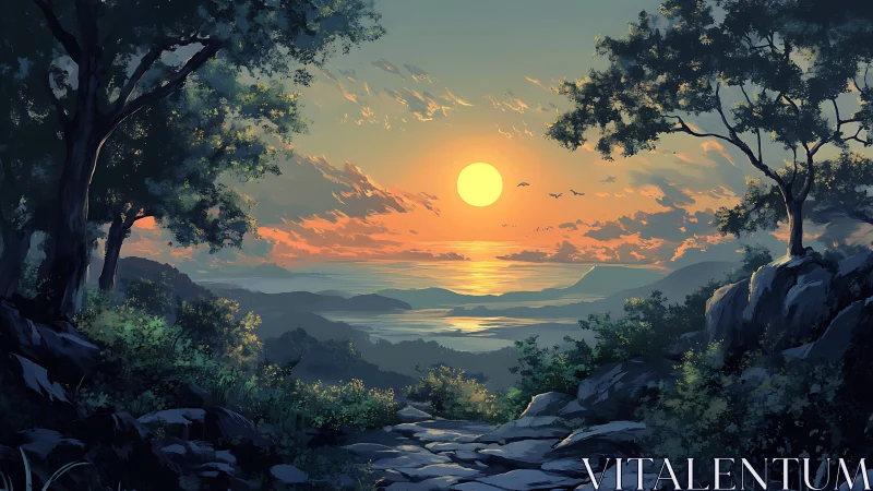 Sunset over distant lakes bathes a rocky forest path in gold