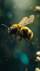 Macro photorealistic bee in suspended pollen field study.