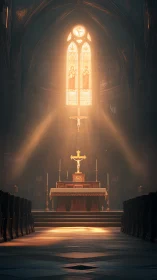 Golden hush over altar steps in cathedral stillness.