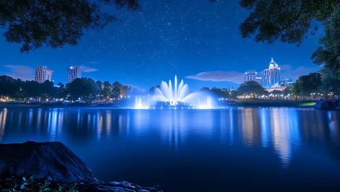 Photorealistic nocturne of city lake fountain symmetry study.