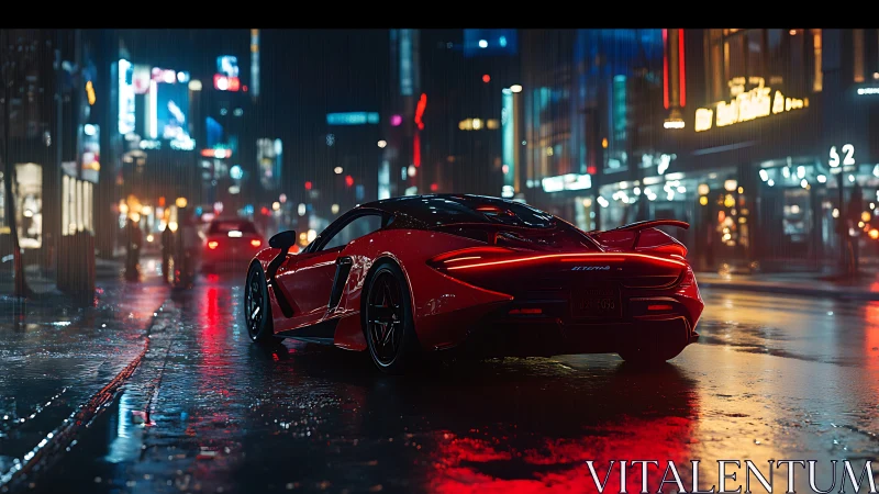 Red sports car on wet city street under night rain.