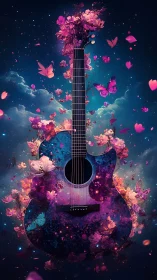 Floral nebula acoustic guitar with particulate bloom dynamics
