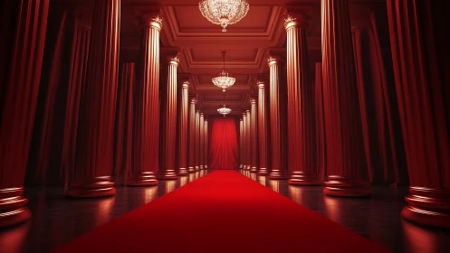 Grand red colonnade corridor with chandeliers and carpet