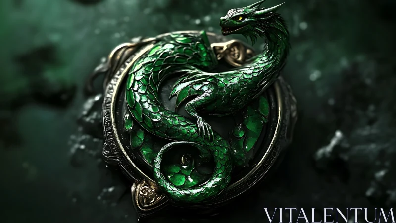 3D emerald dragon insignia in coiled medallion relief composition.