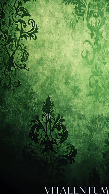 Ornate green damask pattern fades into textured vignette