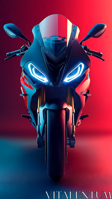 Sport motorcycle front view in neon blue and red light.