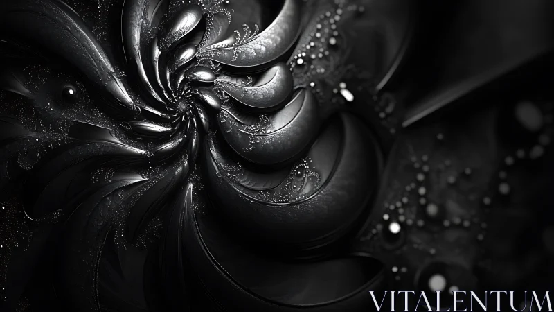 Fractal black vortex with metallic petals in motion.