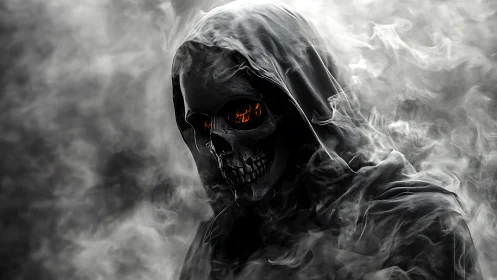 Hooded fiery skull emerges from swirling supernatural smoke.