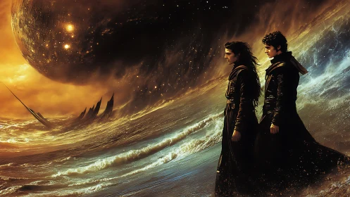 Twin wanderers on a storm-dark sea beneath burning worlds.