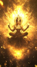 Radiant golden goddess emerges in blazing celestial fire.