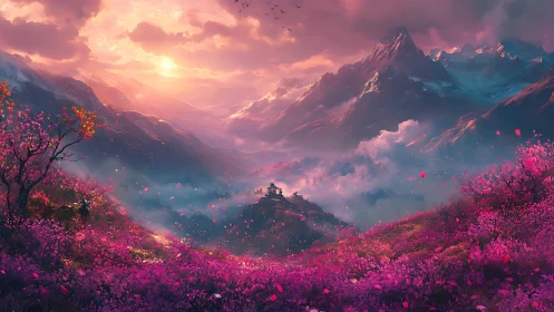 Sunlit sakura valley with distant temple and misty peaks.