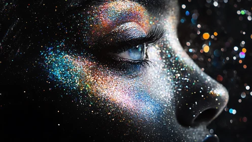 Glitter drenched portrait glowing like a tiny private galaxy.