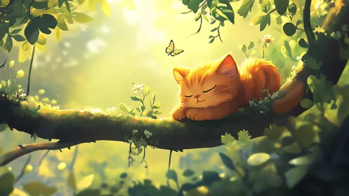Ginger Cat Resting on Verdant Branch with Dappled Golden Sunlight.